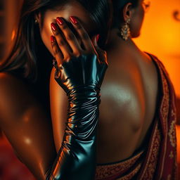 A seductive scene featuring a sexy woman in tight, glossy latex, her one hand playfully smothering another woman from behind