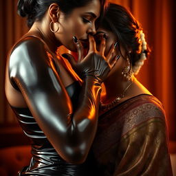 A seductive scene featuring a sexy woman in tight, glossy latex, her one hand playfully smothering another woman from behind