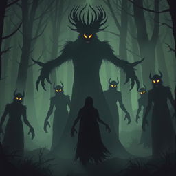 In an eerie, twilight forest scene where a sudden silence pervades the air, shadowy figures known as the Shadowborn emerge from the darkness