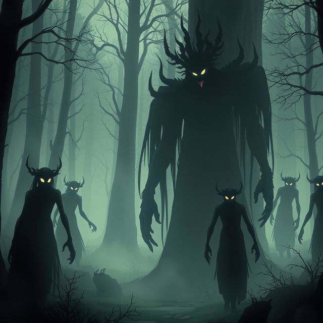 In an eerie, twilight forest scene where a sudden silence pervades the air, shadowy figures known as the Shadowborn emerge from the darkness