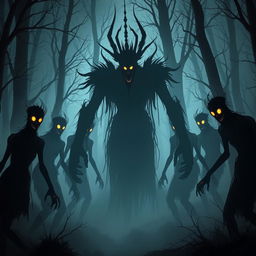 In an eerie, twilight forest scene where a sudden silence pervades the air, shadowy figures known as the Shadowborn emerge from the darkness