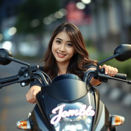 A beautiful Korean woman elegantly posing while riding a motorcycle, facing the camera with a soft and engaging smile