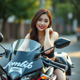 A beautiful Korean woman elegantly posing while riding a motorcycle, facing the camera with a soft and engaging smile