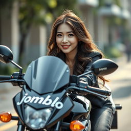 A beautiful Korean woman elegantly posing while riding a motorcycle, facing the camera with a soft and engaging smile