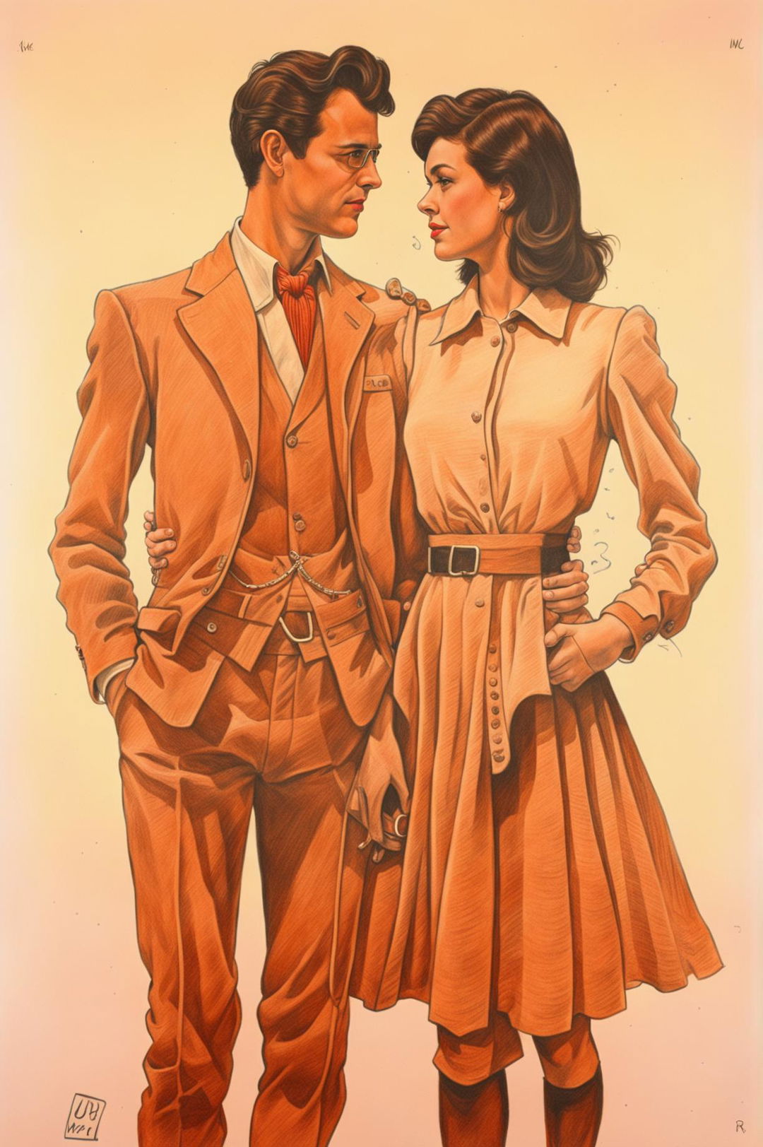 This is a detailed pencil drawing of a man and woman, standing side by side, inspired by the unique style of Wes Anderson