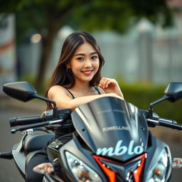A beautiful Korean woman elegantly posing while riding a motorcycle, facing the camera with a soft and engaging smile
