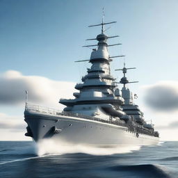 This is a detailed 3D render of a mighty battleship cruising on the open sea