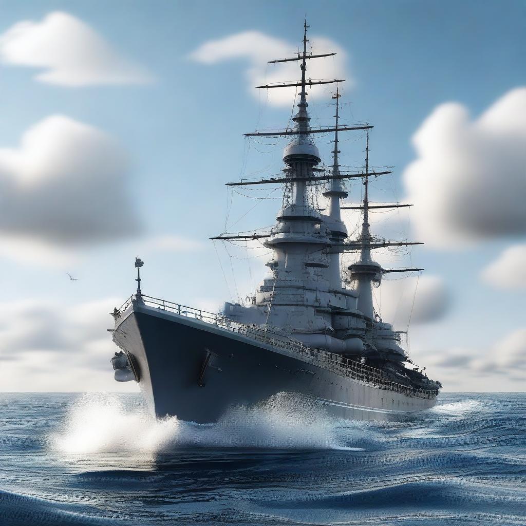 This is a detailed 3D render of a mighty battleship cruising on the open sea