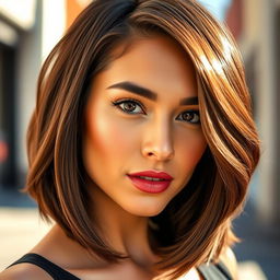 A close-up of a woman's stylish haircut, showcasing a trendy bob style without a cap