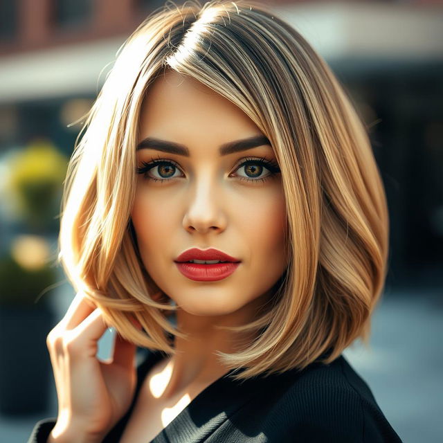 A close-up of a woman's stylish haircut, showcasing a trendy bob style without a cap