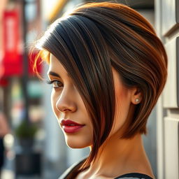 A close-up of a woman's stylish haircut, showcasing a trendy bob style without a cap