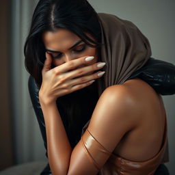 A captivating scene featuring a sexy woman dressed in sleek, shiny latex, playfully smothering another woman from behind