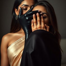 A captivating scene featuring a sexy woman dressed in sleek, shiny latex, playfully smothering another woman from behind