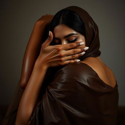 A captivating scene featuring a sexy woman dressed in sleek, shiny latex, playfully smothering another woman from behind