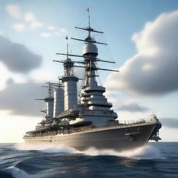 This is a detailed 3D render of a mighty battleship cruising on the open sea