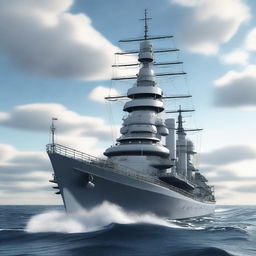 This is a detailed 3D render of a mighty battleship cruising on the open sea