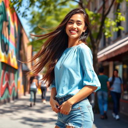 A stylish young woman standing in a sunlit urban setting, wearing a sky blue blouse and denim shorts