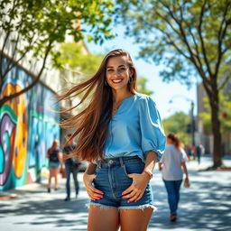 A stylish young woman standing in a sunlit urban setting, wearing a sky blue blouse and denim shorts