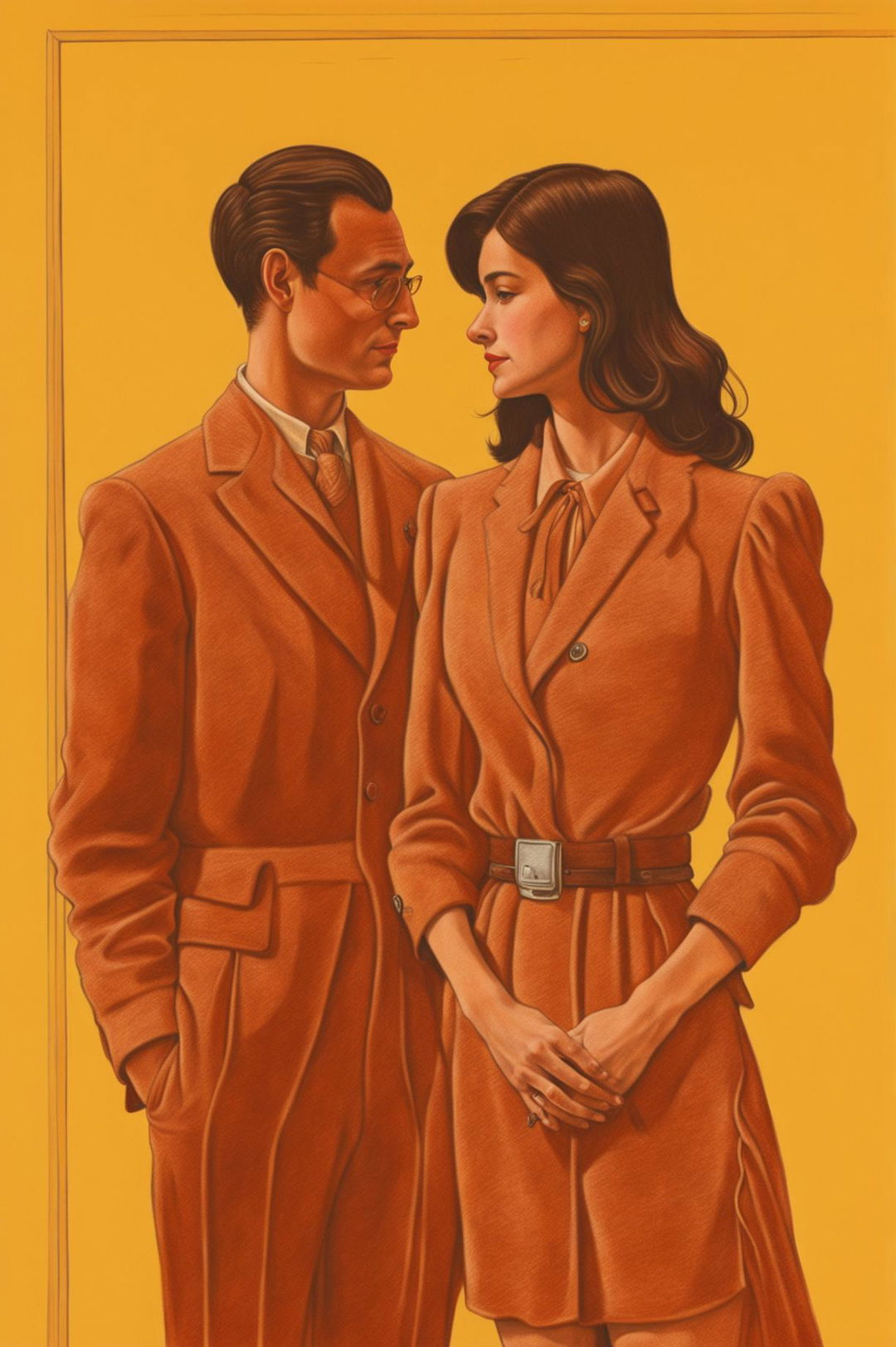 This is a close-up, high-quality pencil drawing of a man and woman standing side by side, inspired by Wes Anderson's unique style