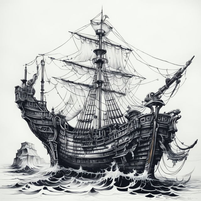 A high-quality black and white pen sketch of an antique ship, showcasing intricate details of the ship's design