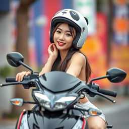 A beautiful Korean woman posed elegantly and attractively riding a motorcycle, facing the camera with a soft and charming smile