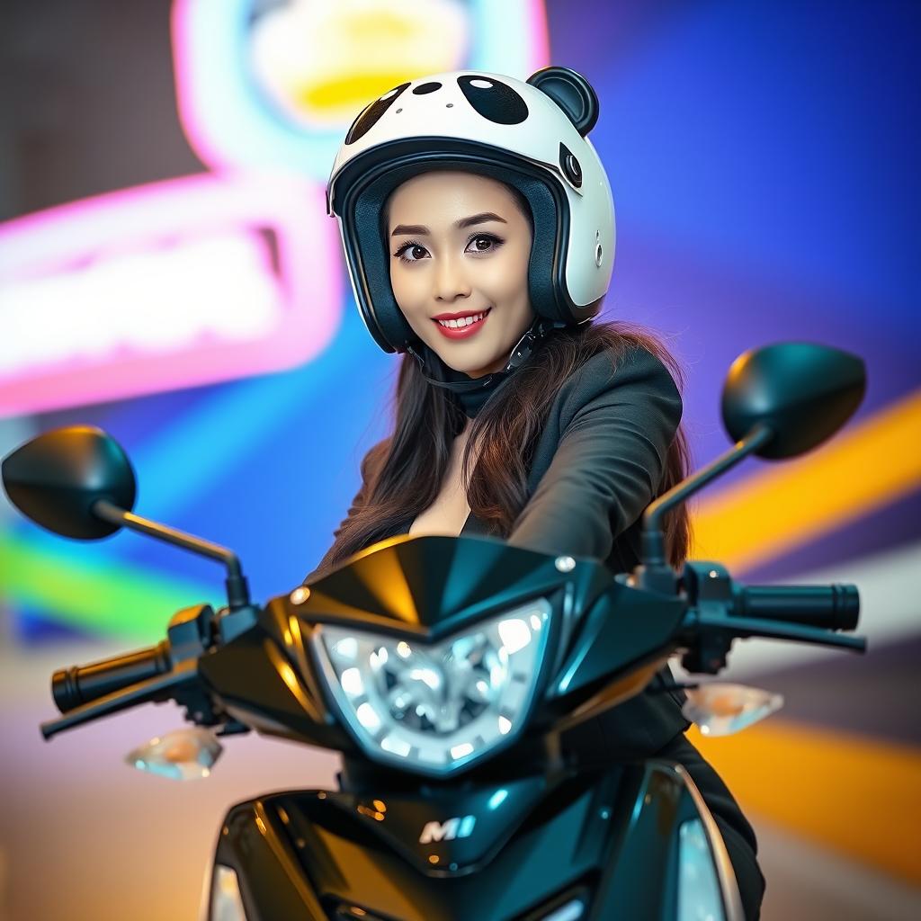 A beautiful Korean woman posed elegantly and attractively riding a motorcycle, facing the camera with a soft and charming smile