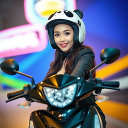 A beautiful Korean woman posed elegantly and attractively riding a motorcycle, facing the camera with a soft and charming smile