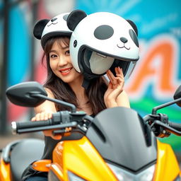 A beautiful Korean woman posed elegantly and attractively riding a motorcycle, facing the camera with a soft and charming smile
