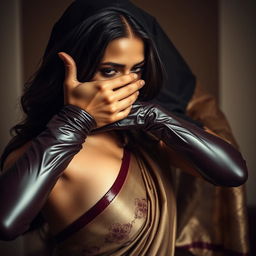 A provocative scene showcasing a sexy woman clad in glossy latex, her hands engaged in a thrilling moment as she smothers another woman from behind