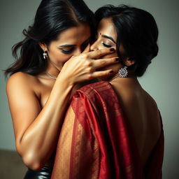 A provocative scene showcasing a sexy woman clad in glossy latex, her hands engaged in a thrilling moment as she smothers another woman from behind