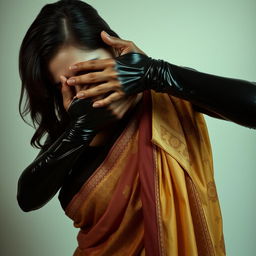 A provocative scene showcasing a sexy woman clad in glossy latex, her hands engaged in a thrilling moment as she smothers another woman from behind