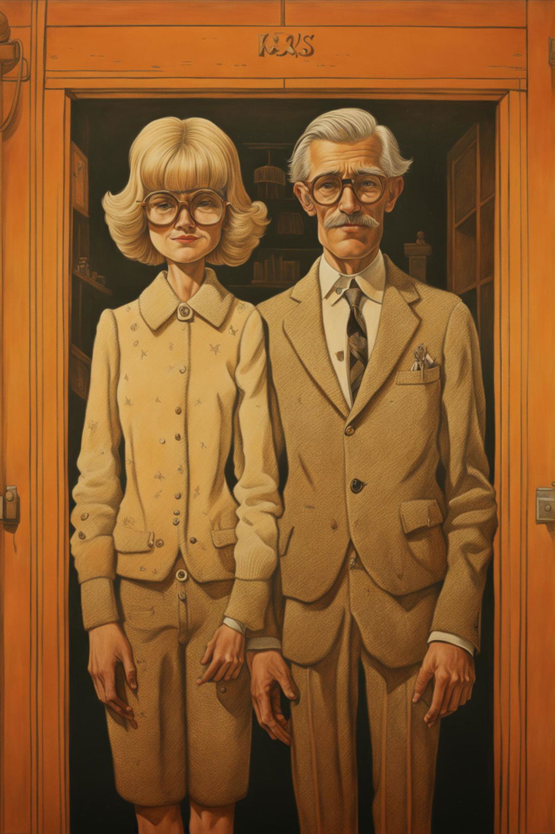 This is a close-up pencil drawing of a man and woman standing side by side, reflecting the unique style of Wes Anderson