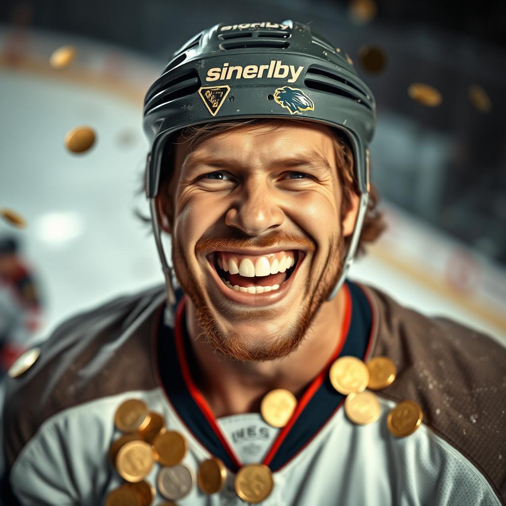 A rugged hockey player with a strong build, wearing a slightly worn hockey jersey, showcasing his missing teeth with a big grin