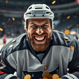 A rugged hockey player with a strong build, wearing a slightly worn hockey jersey, showcasing his missing teeth with a big grin
