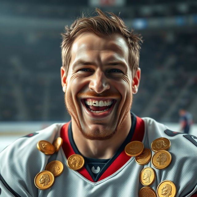 A rugged hockey player with a strong build, wearing a slightly worn hockey jersey, showcasing his missing teeth with a big grin