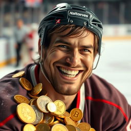 A rugged hockey player with a strong build, wearing a slightly worn hockey jersey, showcasing his missing teeth with a big grin