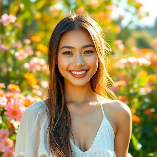 A radiant and smooth-skinned beauty with glowing skin and a captivating smile, wearing a light and airy summer dress