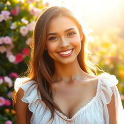 A radiant and smooth-skinned beauty with glowing skin and a captivating smile, wearing a light and airy summer dress