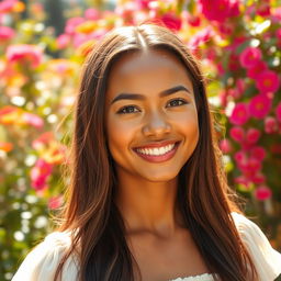 A radiant and smooth-skinned beauty with glowing skin and a captivating smile, wearing a light and airy summer dress