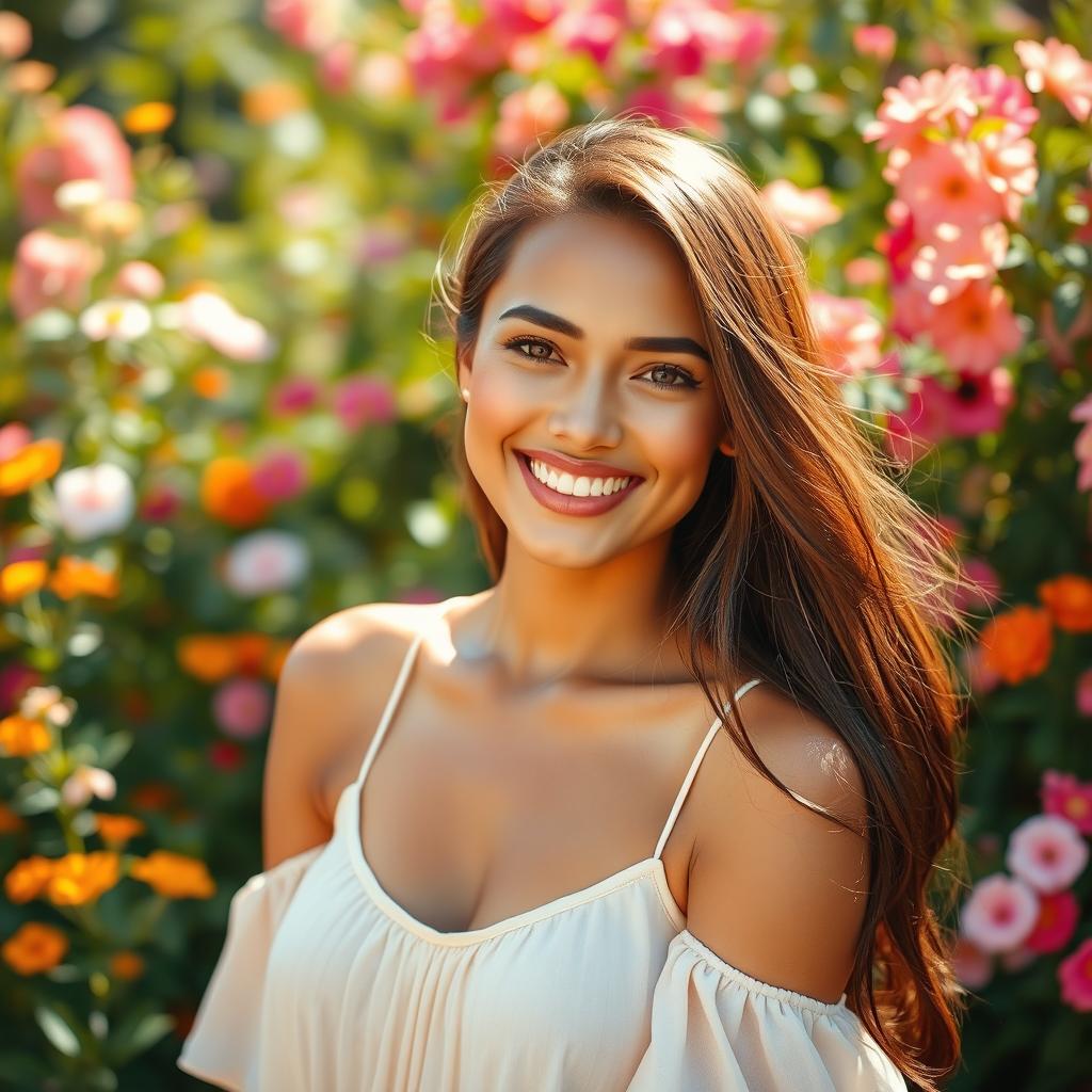 A radiant and smooth-skinned beauty with glowing skin and a captivating smile, wearing a light and airy summer dress