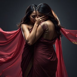 A dramatic and captivating image of a sexy woman in an elegant saree, boldly smothering another saree-clad woman from behind
