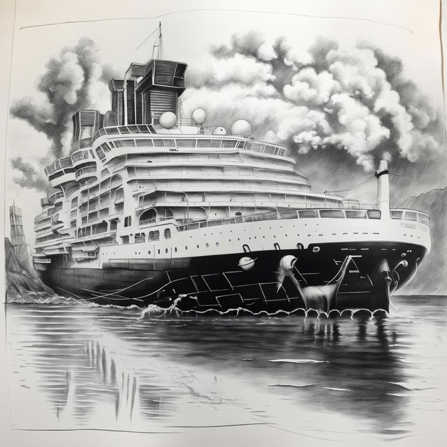 A detailed black and white pen sketch of a grand cruise ship sailing on calm waters under a clear sky