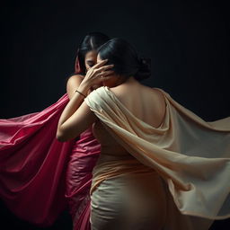 A dramatic and captivating image of a sexy woman in an elegant saree, boldly smothering another saree-clad woman from behind