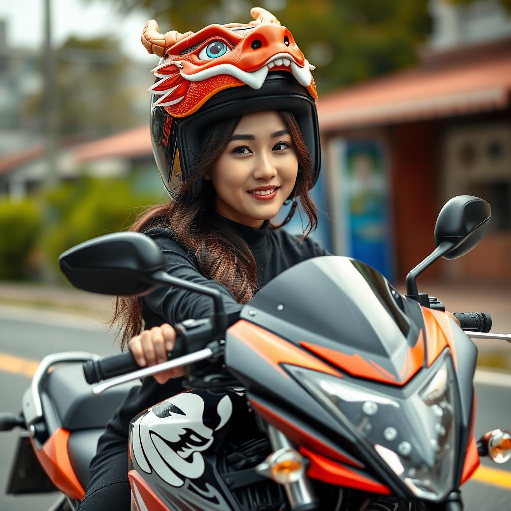 A beautiful Korean woman poses elegantly and attractively while riding a motorcycle, facing the camera with a gentle and captivating smile