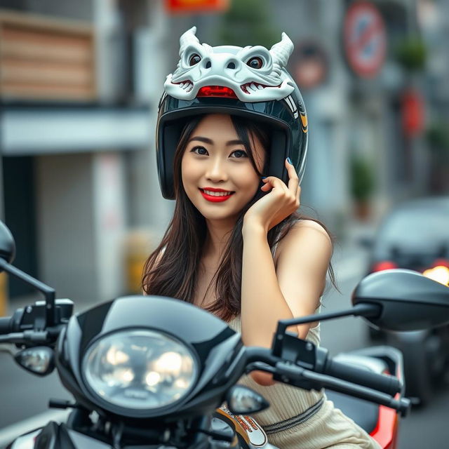 A beautiful Korean woman poses elegantly and attractively while riding a motorcycle, facing the camera with a gentle and captivating smile