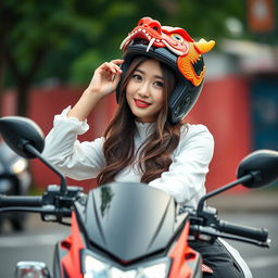 A beautiful Korean woman poses elegantly and attractively while riding a motorcycle, facing the camera with a gentle and captivating smile