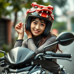 A beautiful Korean woman poses elegantly and attractively while riding a motorcycle, facing the camera with a gentle and captivating smile