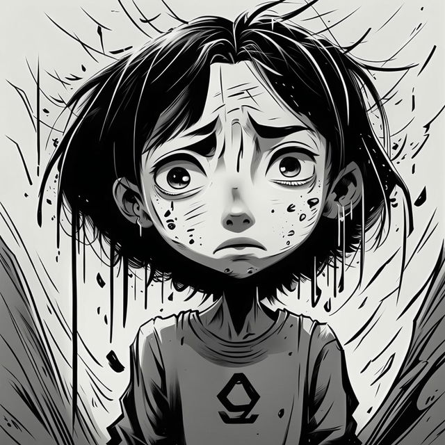 A high-quality black and white cartoon illustration of a girl crying