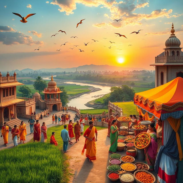 A vibrant scene depicting the essence of Bihar, capturing traditional architecture, lush green fields, and the Ganges river flowing gently