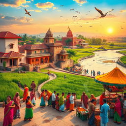 A vibrant scene depicting the essence of Bihar, capturing traditional architecture, lush green fields, and the Ganges river flowing gently
